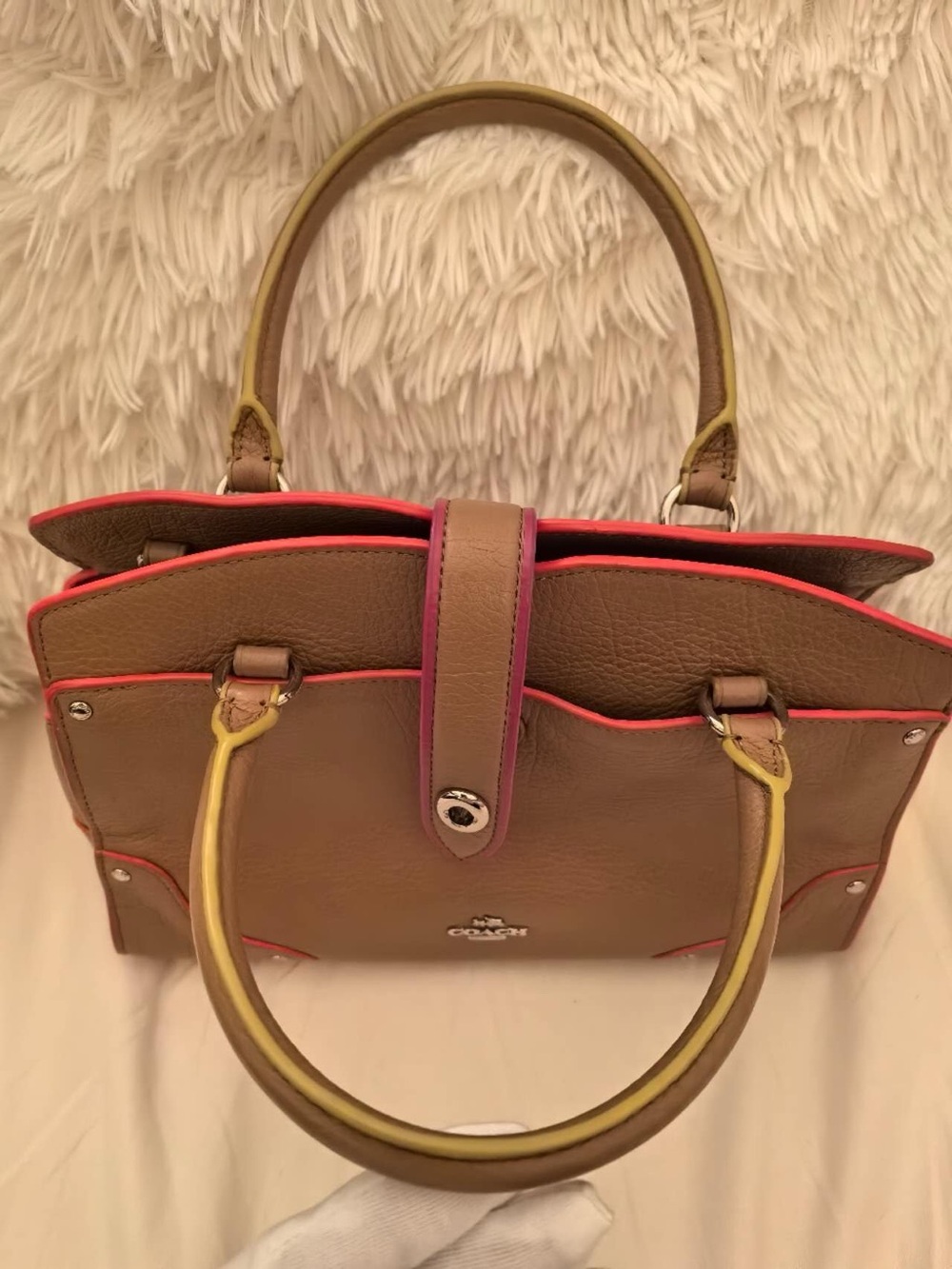 Coach Taupe Satchel with Pink and Coral Trim - Picture 3 of 9